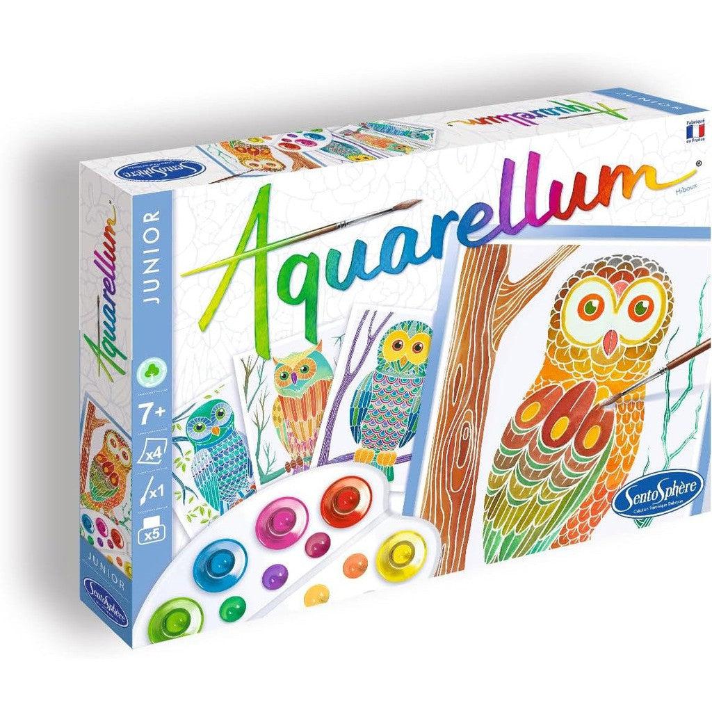 The Sentosphère Aquarellum Junior painting kit box features a delightful owl design with watercolor paints, perfect for young artists aged 7 and up.