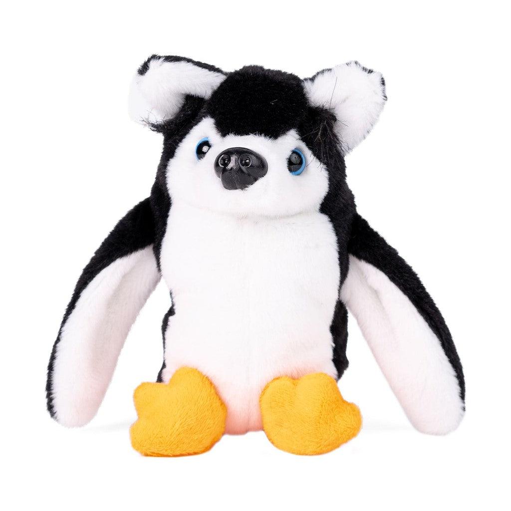 A plush toy with a penguin body and husky dog head with black and white fur and orange feet, sitting upright.