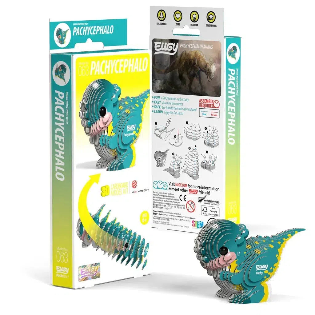 This eco-friendly box contains an assembled model of a 3D pachycephalosaurus puzzle. The packaging highlights instructions and features, ensuring a fun and sustainable adventure in paleontology.