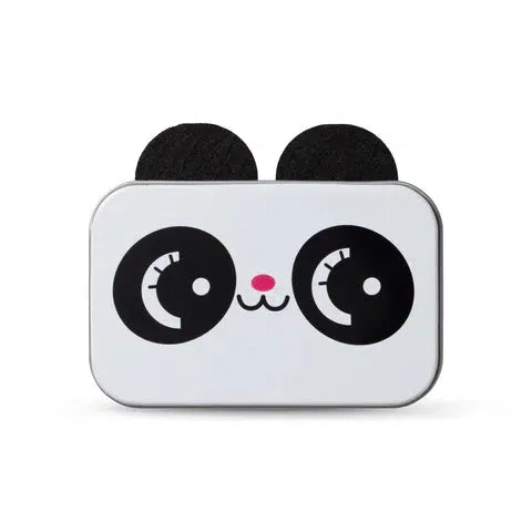 A small white tin with a cartoon panda face. Two black felt ears are on top