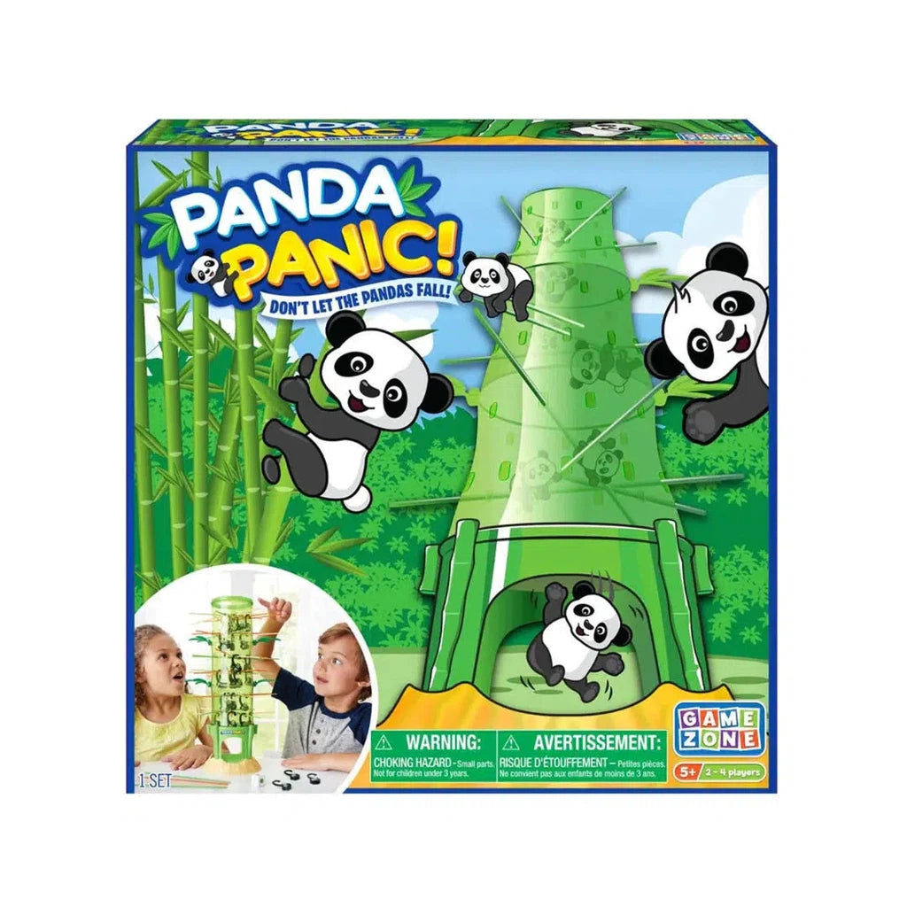 Box of "Panda Panic" game for ages 5+, showing playful pandas and bamboo. Includes a warning about choking hazards.