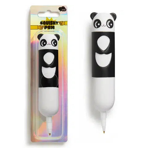 Squishy pen shaped like a cartoon panda, placed next to its packaging