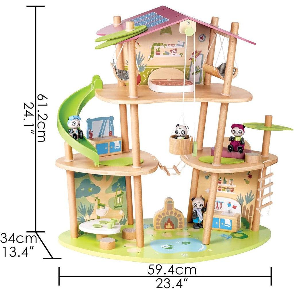 Explore the whimsical charm of the Hape Pandas’ Bamboo House, a wooden dollhouse with three levels and a slide. It features two panda figures and is adorned with nature-themed motifs, making it an educational toy perfect for Green Planet Explorers. Dimensions: 24.1" tall, 13.4" deep, 23.4" wide.