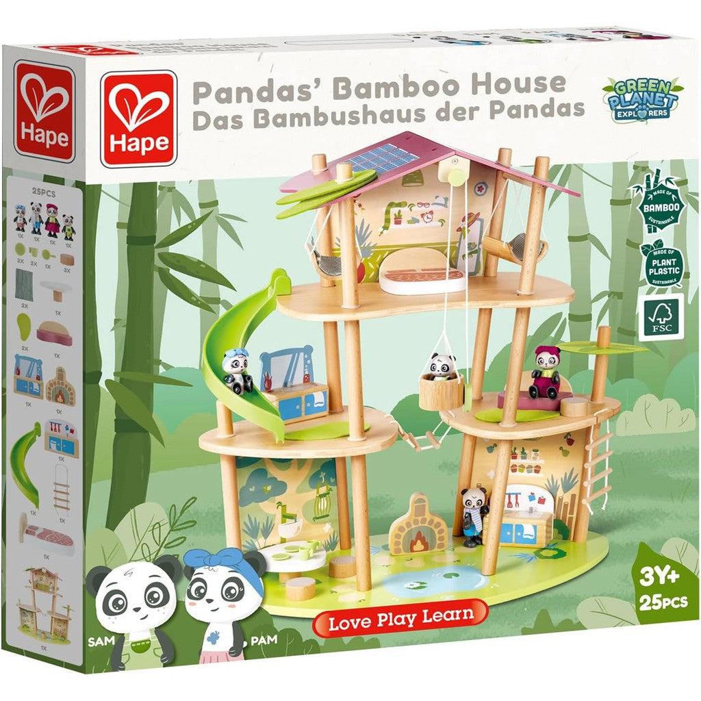 Box of Hape's "Pandas' Bamboo House" educational toy set, featuring a multi-level doll house with pandas. Includes 25 play pieces.