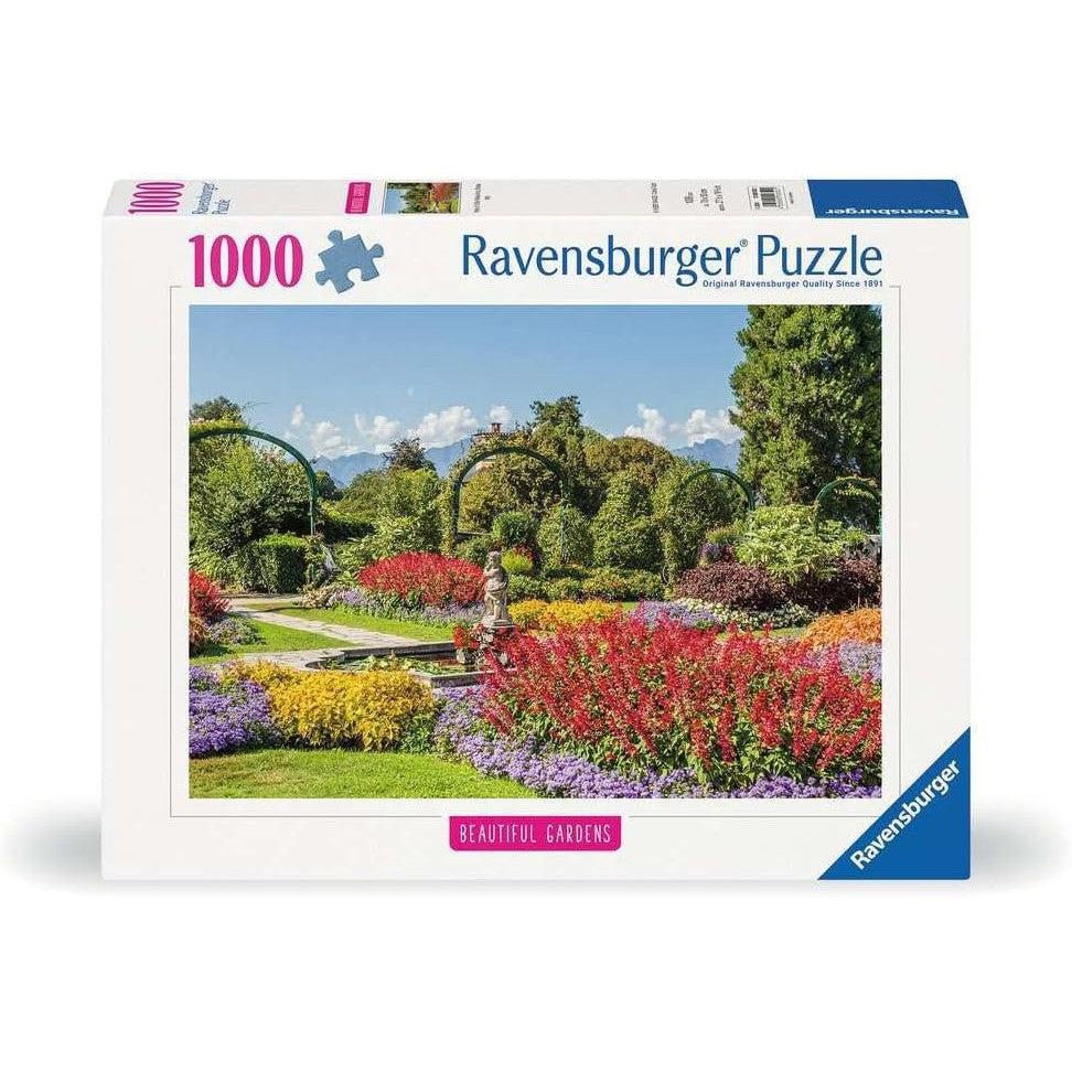 This 1000-piece Ravensburger jigsaw puzzle showcases a beautiful garden filled with vibrant flowers, lush trees, and a serene central pathway.