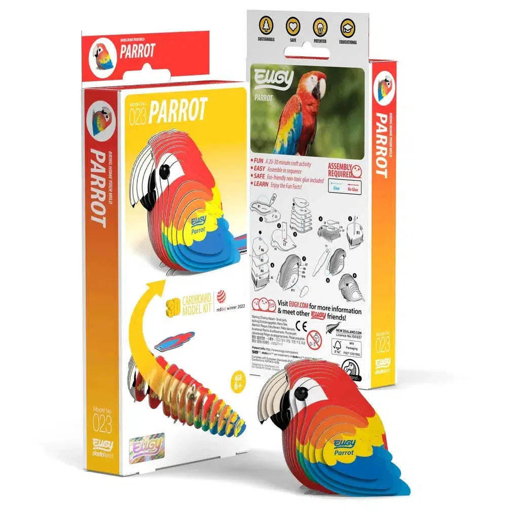 The EUGY DIY cardboard parrot model kit boasts vibrant colors and comprehensive assembly instructions. This eco-friendly 3D puzzle delights with its innovative packaging and components, ensuring an engaging, environmentally conscious experience for all ages.