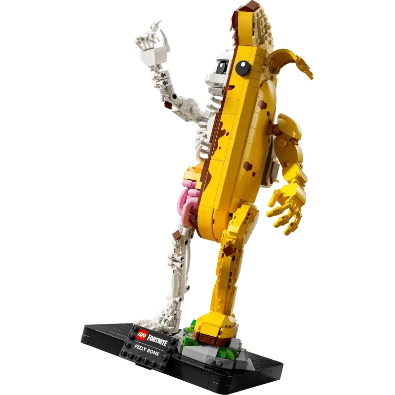 the lego set shown with the arms posed differently, the left arm down and the right up like it's waving.