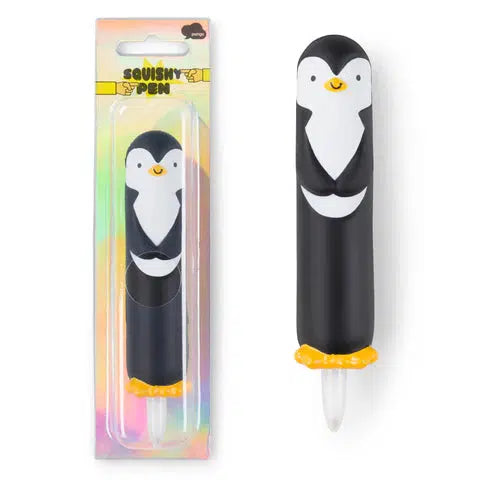 A black and white squishy penguin on a pen tip