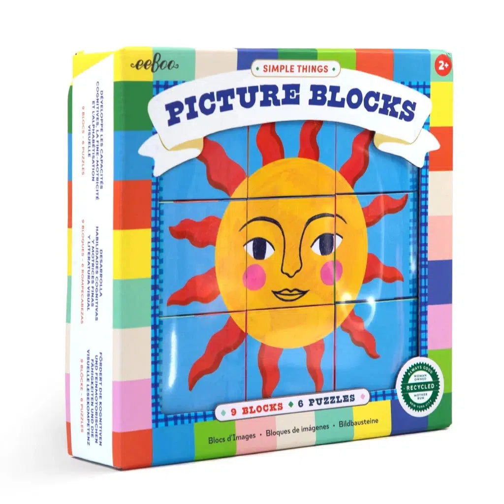 Picture Blocks from Eeboo, showing a smiling sun illustration and indicating 9 blocks with 6 puzzles. brightly colored border around the box