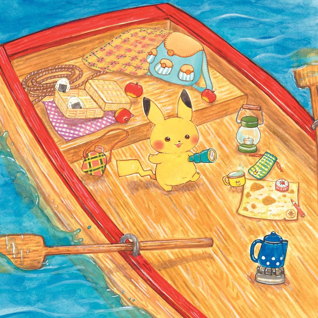 A yellow cartoon creature resembling Pikachu is on a wooden boat, surrounded by picnic items, a lantern, and a kettle. The boat floats on blue water with an oar visible, ready for a delightful Pokémon adventure.