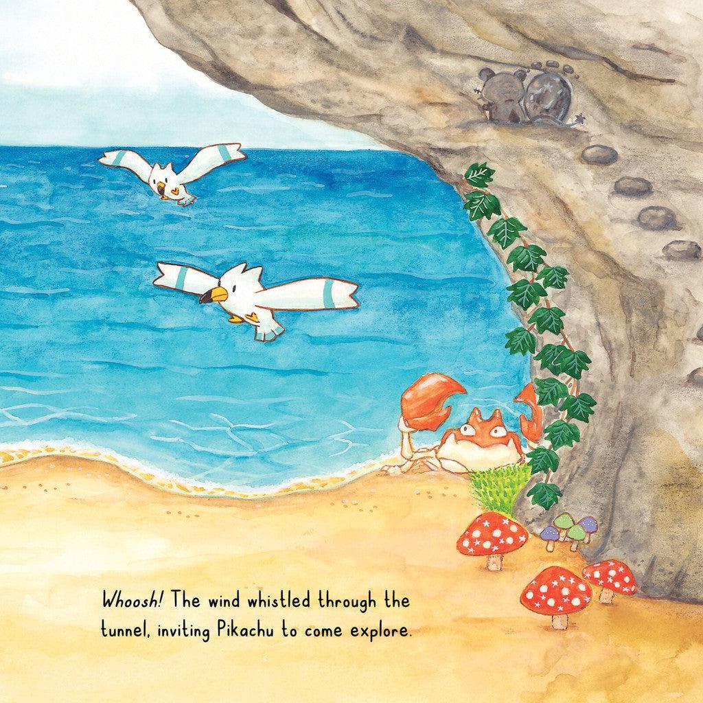 An illustrated scene of a beach showcases a Pokémon adventure with two flying creatures, a crab near a tunnel, and red mushrooms. The blue sea and rocky cliffs set the backdrop while text at the bottom celebrates Pikachu and the gentle wind.