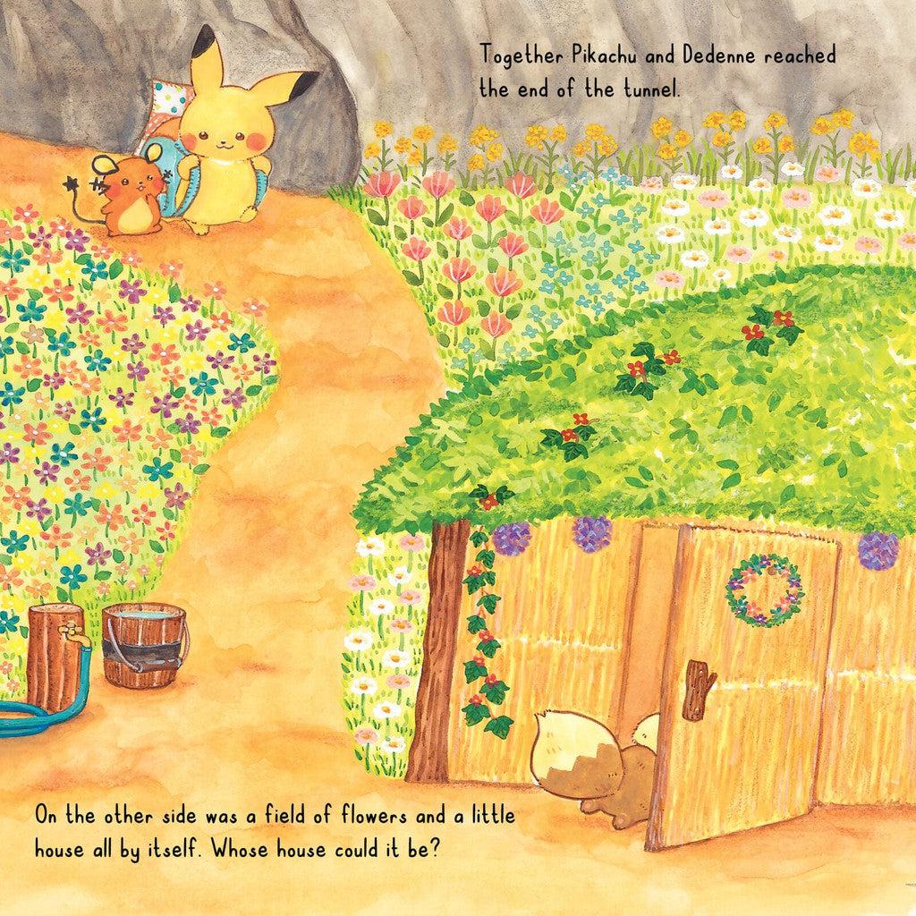 A Pikachu and a Dedenne stand before a grassy hill with a small wooden house. A field of flowers surrounds them, reflecting the spirit of adventure. Text reads, "Together, Pikachu and Dedenne reached the end of the tunnel.