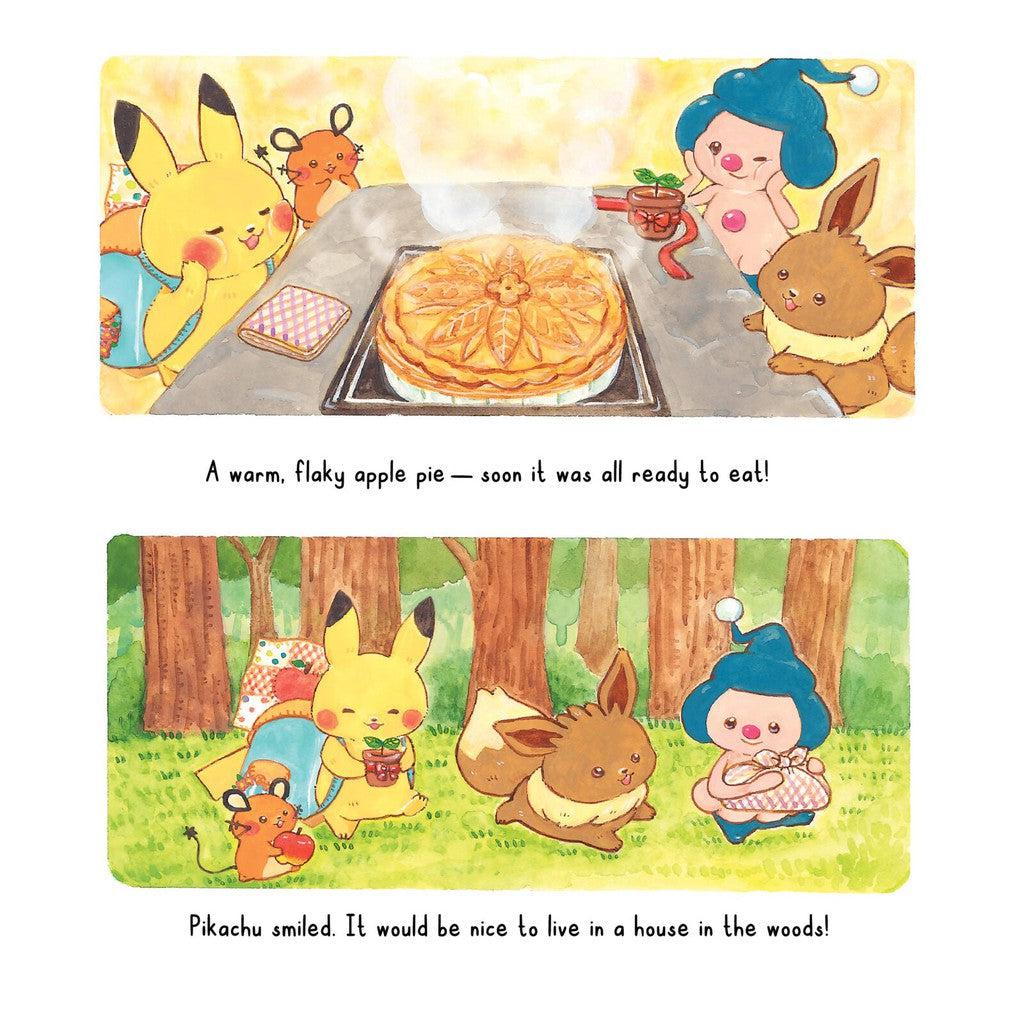 Illustration of Pikachu, Eevee, and other Pokémon around a pie. Another scene captures their adventure in a forest with a delightful picnic.