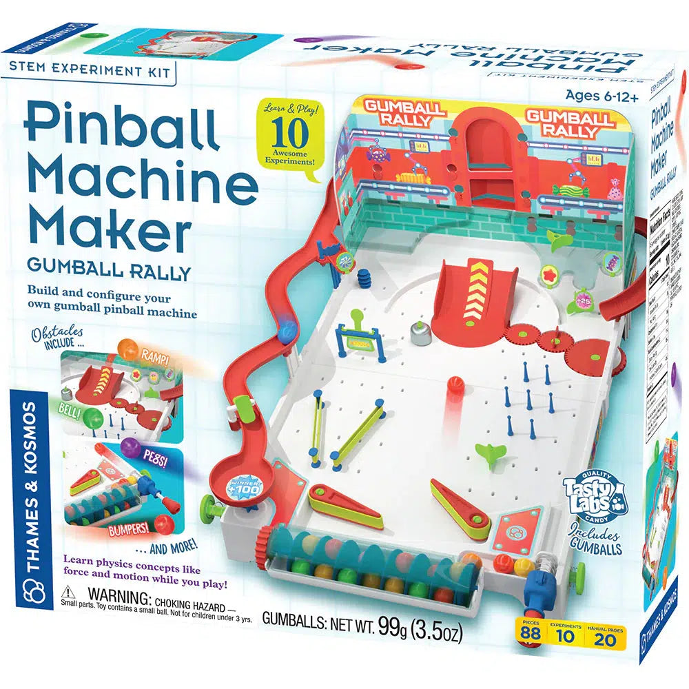 Box of a STEM experiment kit titled "Pinball Machine Maker: Gumball Rally" for ages 6-12+, featuring a customizable, edible gumball pinball machine for gamified learning.