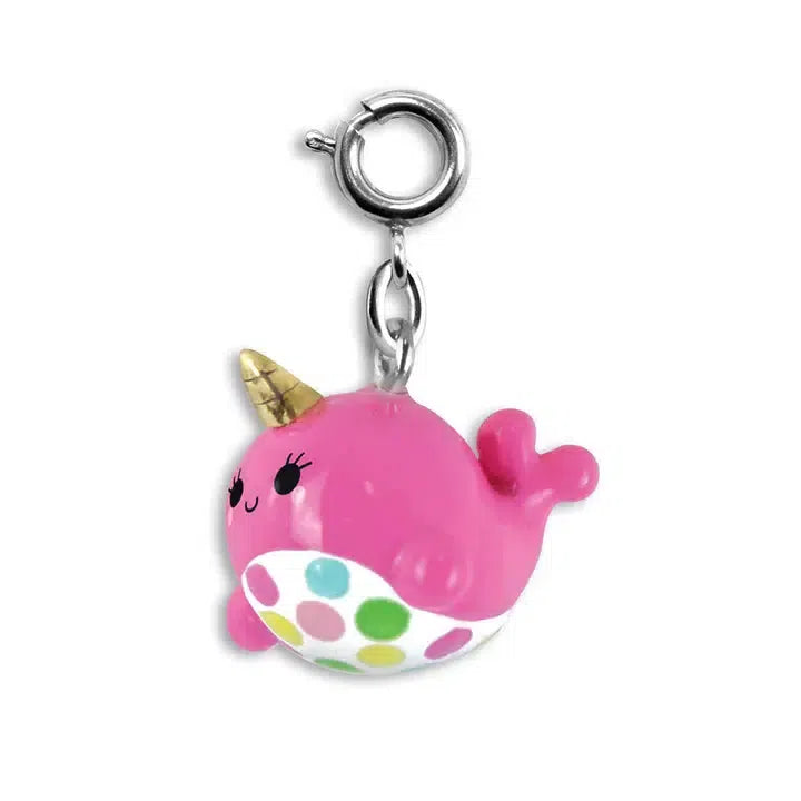 This charming pink narwhal, with its gold horn and white belly adorned with colorful dots, resembles unicorns of the ocean. It features a silver loop for easy attachment, adding a magical touch to your CHARM IT! jewelry collection.