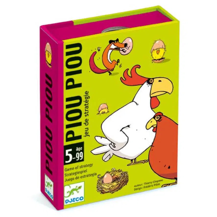 Piou Piou by Djeco a game of strategy for children. The box is lime green with hot pink touches, and pictures two chickens with a fox sneaking an egg away