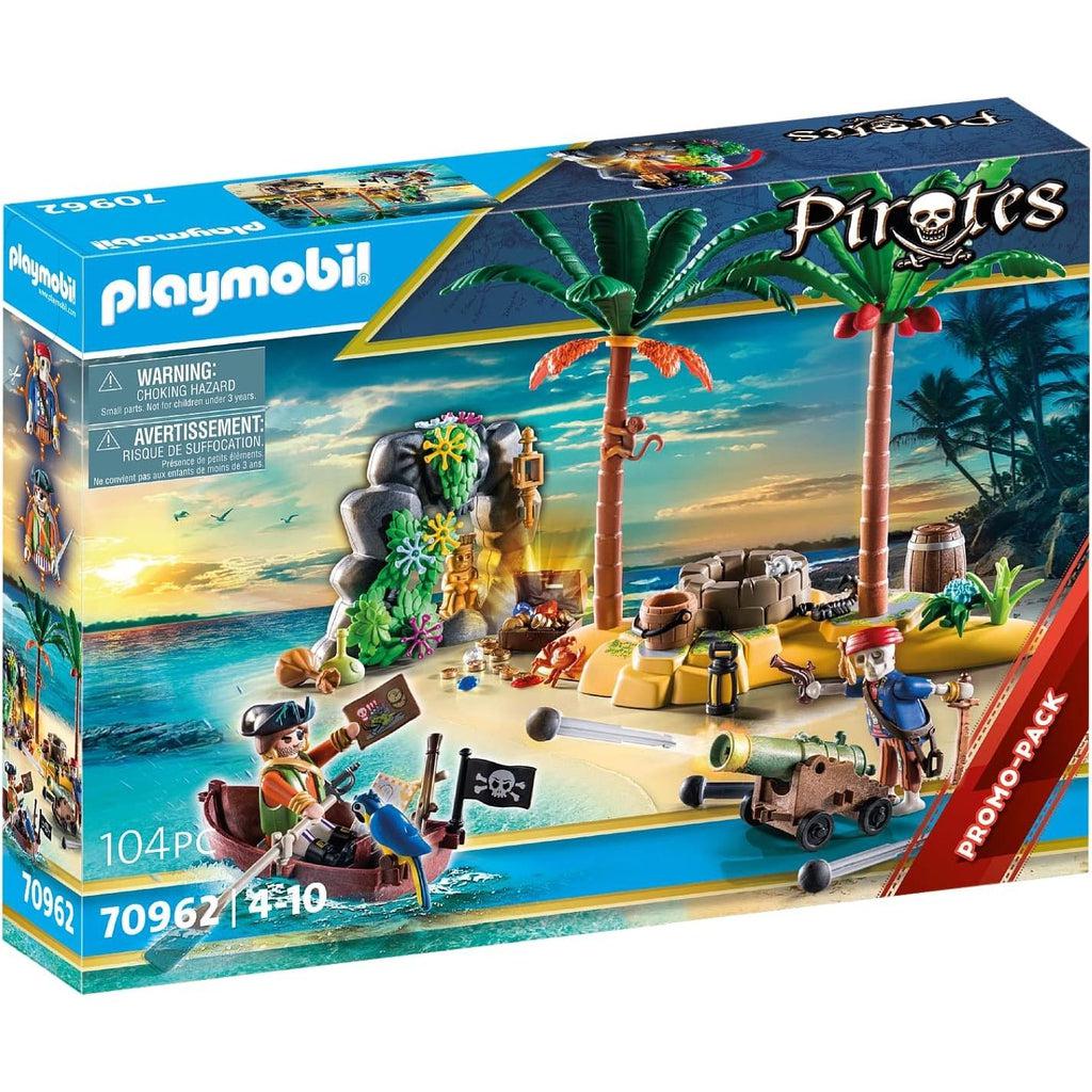 Picture shows the playmobil mirates box, a skeleton is firing a cannon at a pirate adventurer looking for treasure on an isand. The pirate is in a small rowboat.