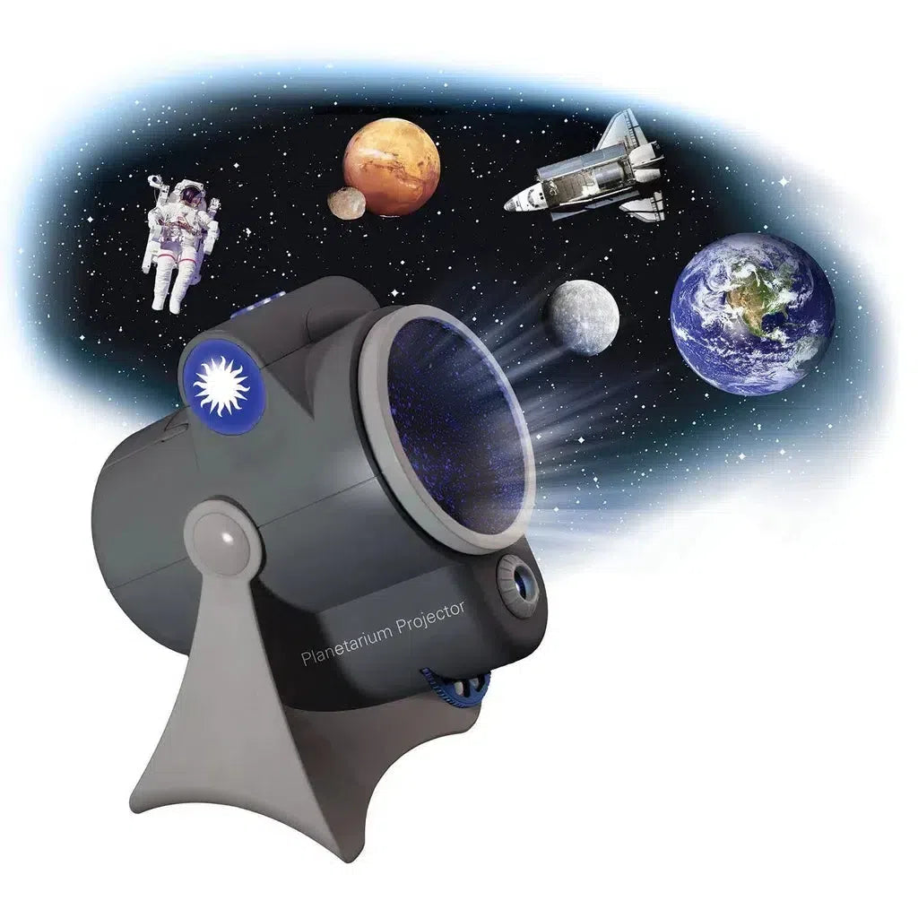 A planetarium projector beams vivid space images, casting an astronaut, planets, the moon, Earth, and a space shuttle against the enchanting northern sky.