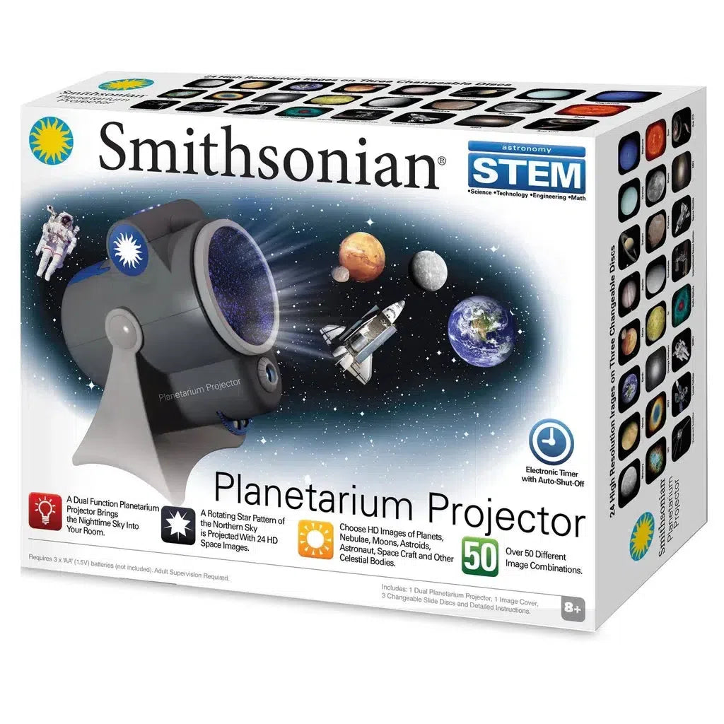 Box of a Smithsonian Planetarium Projector featuring stunning high-definition space images of planets, rockets, and an astronaut. With STEM branding prominently highlighted, it brings the wonders of the nighttime sky into your home.