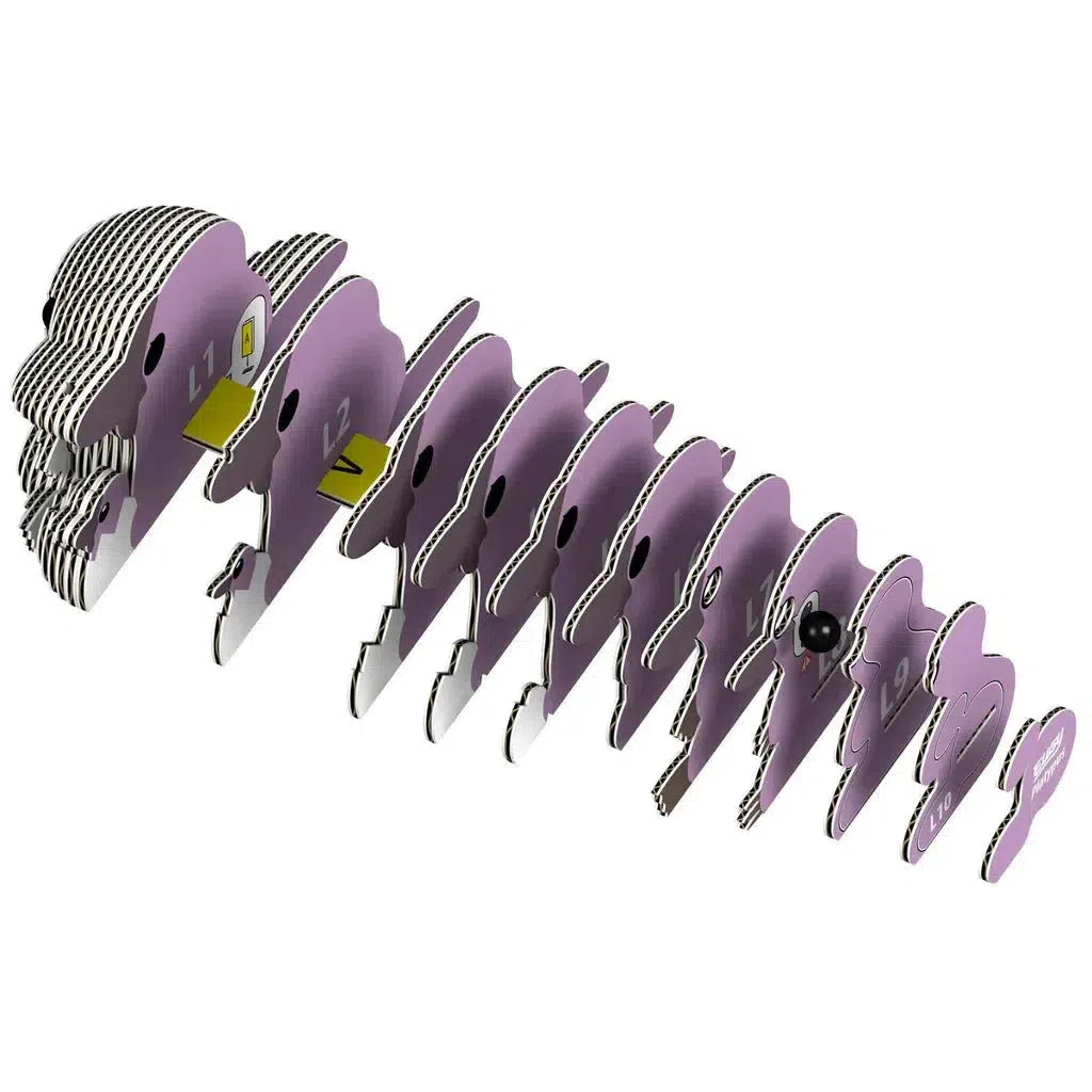 A series of purple, segmented tooth shapes symmetrically align and gradually decrease in size, resembling a 3D puzzle and artistic installation that beautifully integrates STEM concepts.