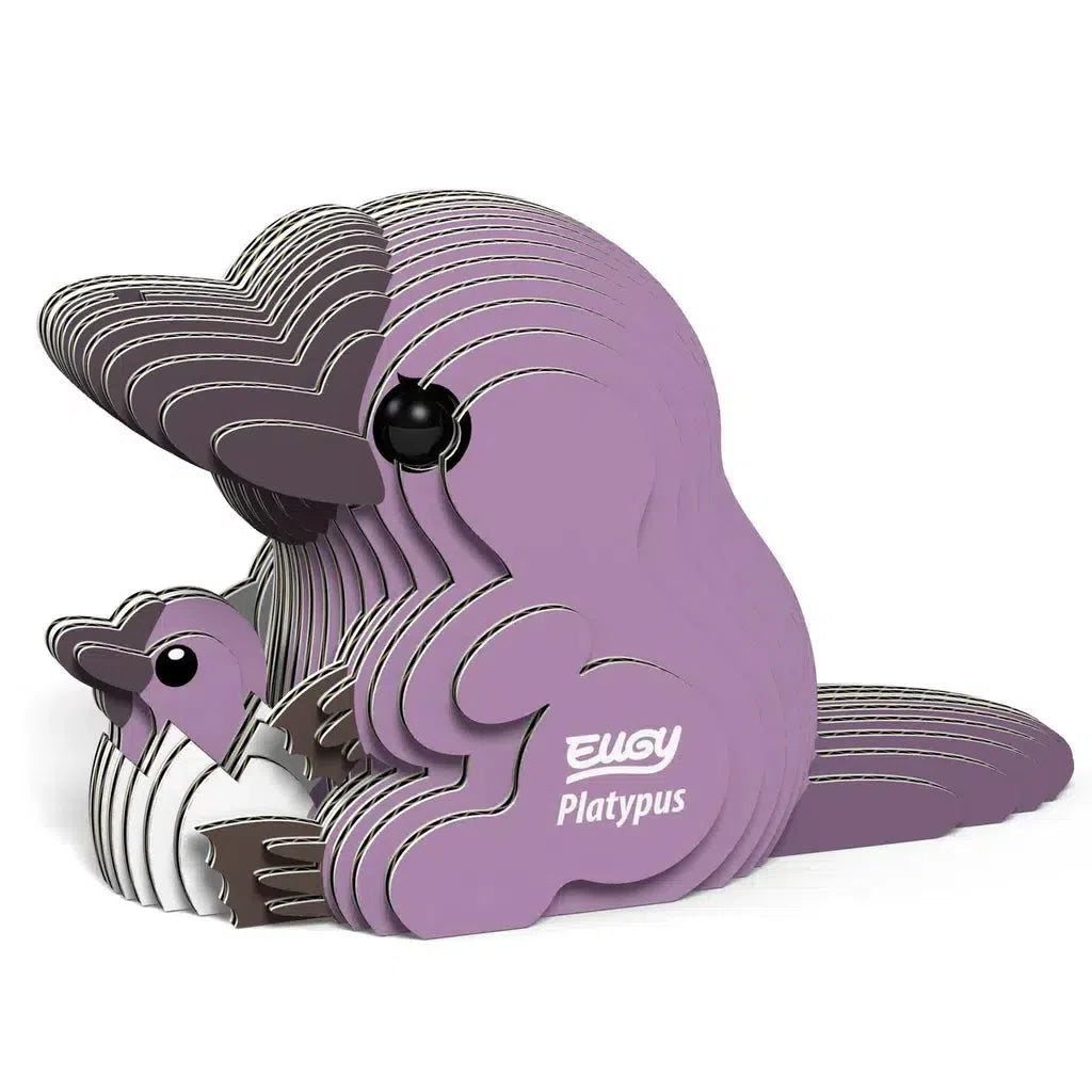 The "Eugy Platypus" is an eco-friendly, purple layered cardboard model, doubling as a Platypus 3D puzzle with a detachable baby platypus—perfect for introducing STEM concepts.