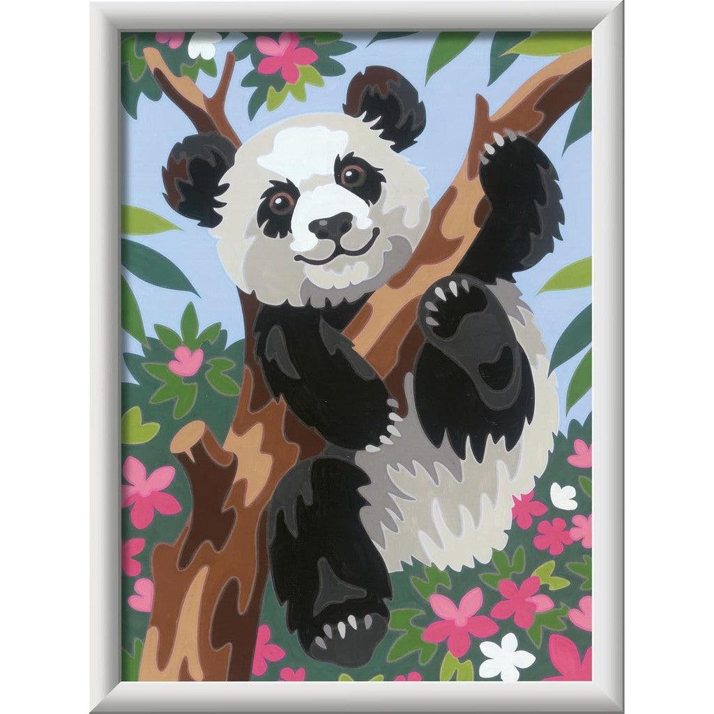 Illustration of a panda climbing a tree, surrounded by vibrant pink and green foliage, reminiscent of a Paint by Numbers masterpiece. Perfect for arts and crafts enthusiasts seeking inspiration in nature's beauty.