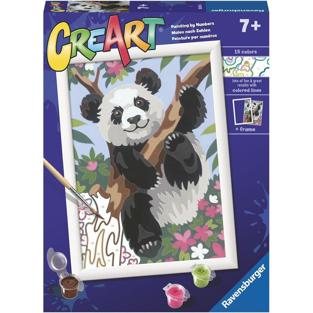 Introducing the Ravensburger Playful Panda Paint by Numbers Kit package, featuring a charming panda in a tree. This Painting Arts and Crafts set includes various paint colors and a brush, perfect for ages 7 and up. Enjoy creating your masterpiece with ease!.