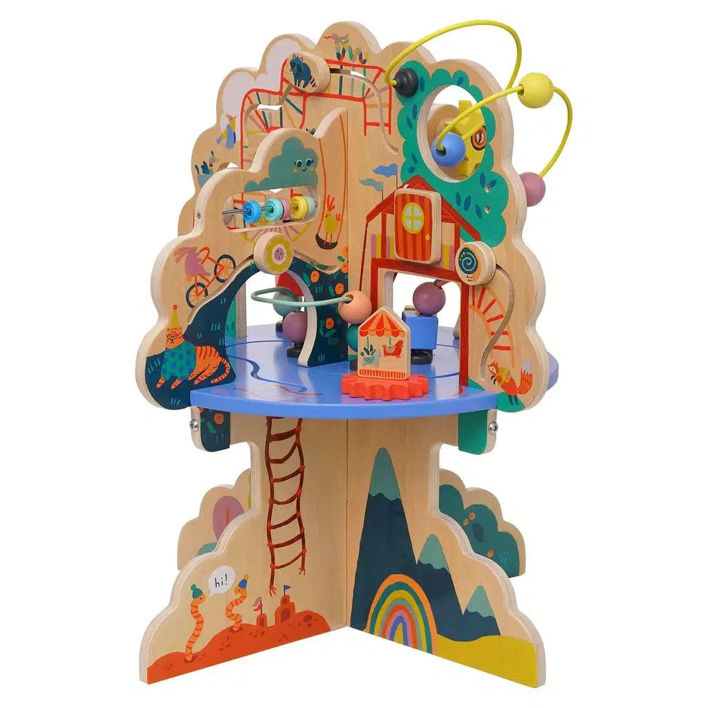 Wooden tree-themed activity toy, designed as a playful activity center, with colorful beads, tracks, and illustrations of animals and nature to enhance motor skill development.