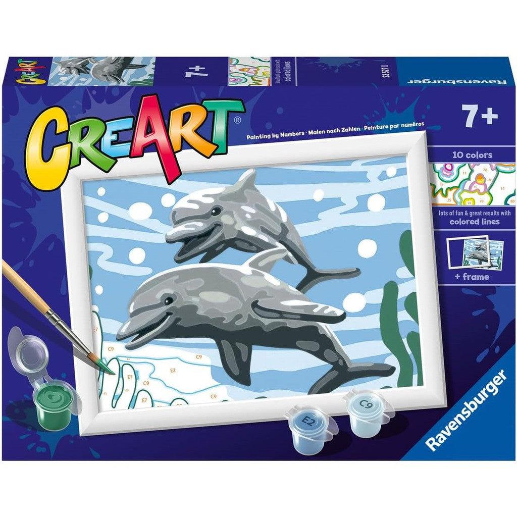 Discover the Ravensburger Pod of Dolphins Paint by Numbers Kit, perfect for ages 7+. This Painting Arts and Crafts set features two playful dolphins in water, includes 10 vibrant colors and a sturdy frame, making it a delightful addition to any budding artist's collection.