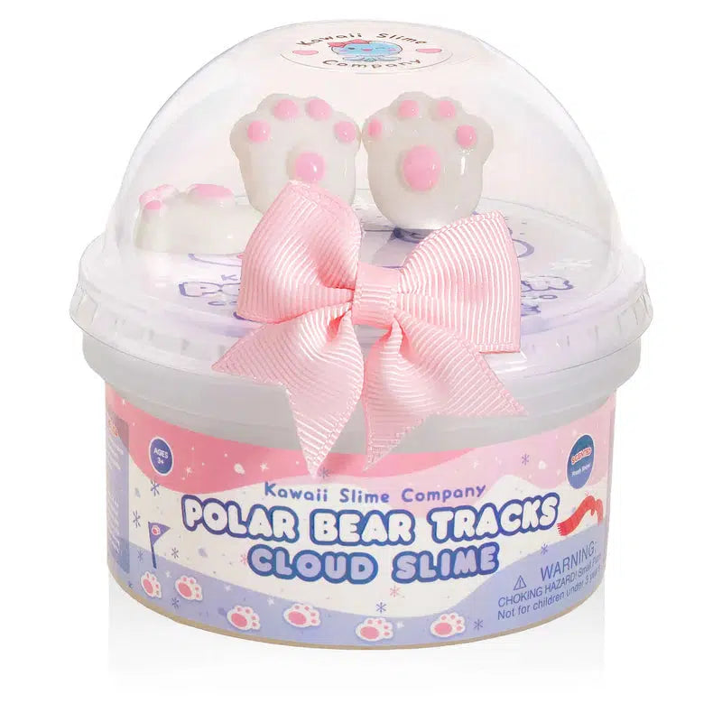 The Container of "Polar Bear Tracks Cloud Slime" is adorned with a pink bow and a paw print lid, capturing the essence of a cozy snow day with its pastel colors and delightful design elements.