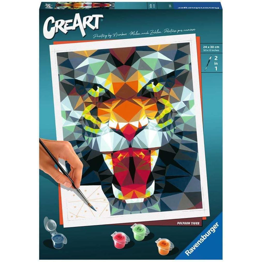 Box cover for a Ravensburger paint-by-numbers kit, showcasing a polygonal tiger face design. A hand delicately holds a brush above a small paint section, inviting arts and crafts enthusiasts to bring the majestic creature to life with vibrant colors.