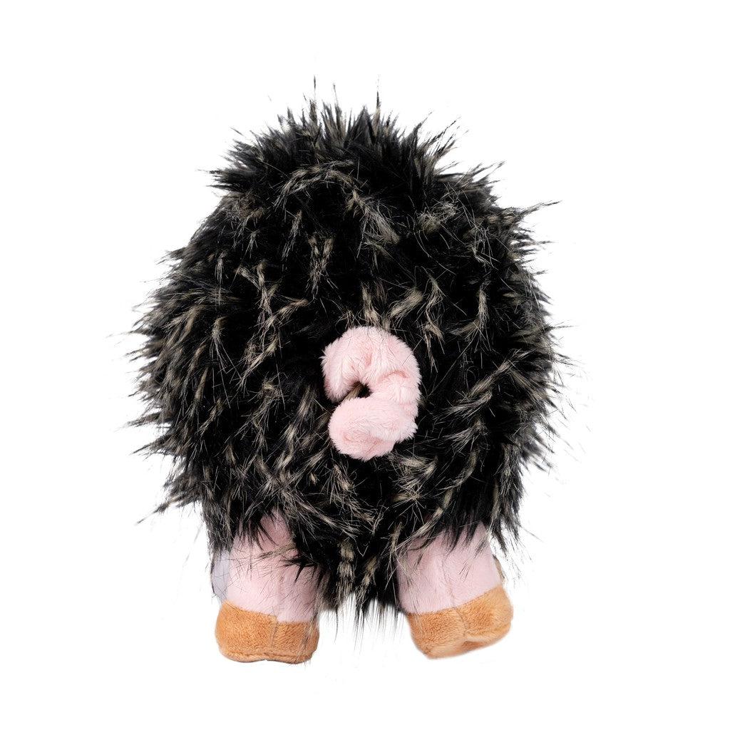 Meet Randimal, a soft &amp; huggable friend featuring a plush design resembling the back of a sheep with fluffy black wool, pink legs, and a cute pink tail, all set against a pristine white background.