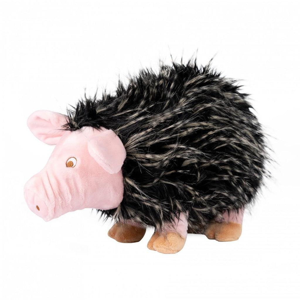 Meet the Randimal: a plush toy shaped like a hedgehog with a pink pig face, black spiky fur, and tan feet. This charming creature combines animal characters into one soft &amp; huggable friend, perfect for cuddling adventures.