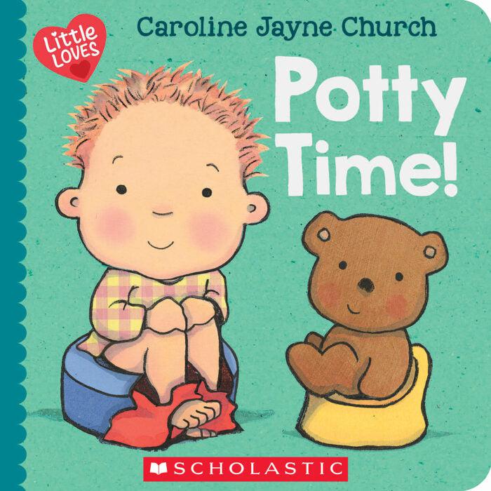 Potty Time! A Little Loves book by Caroline Jayne Church. A green board book featuring a boy with his teddy bear, both on training potties