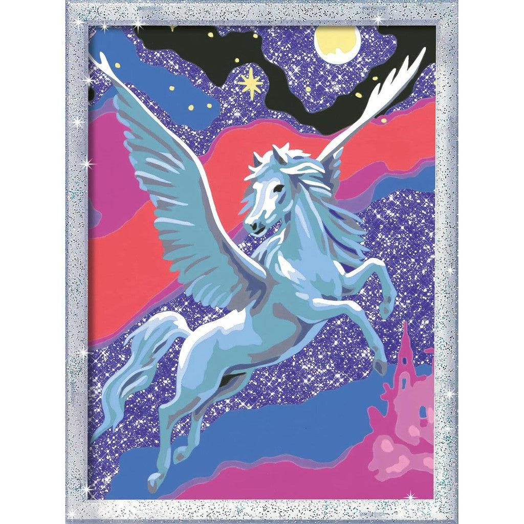 Discover the enchanting world of Ravensburger Powerful Pegasus with an illustration of a blue winged horse soaring across a starry night sky, vibrant clouds swirling, and a castle silhouette in the distance. Perfect for fans of Paint by Numbers Kit, this piece captures true painting arts and crafts magic.