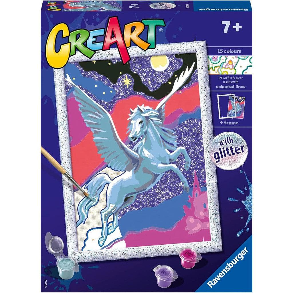 The Ravensburger Paint by Numbers CreArt kit for ages 7 and up features the Powerful Pegasus Kit, complete with a winged horse adorned in glitter. This enchanting set includes 15 vibrant colors and a frame, making it perfect for kids' arts and crafts enthusiasts.