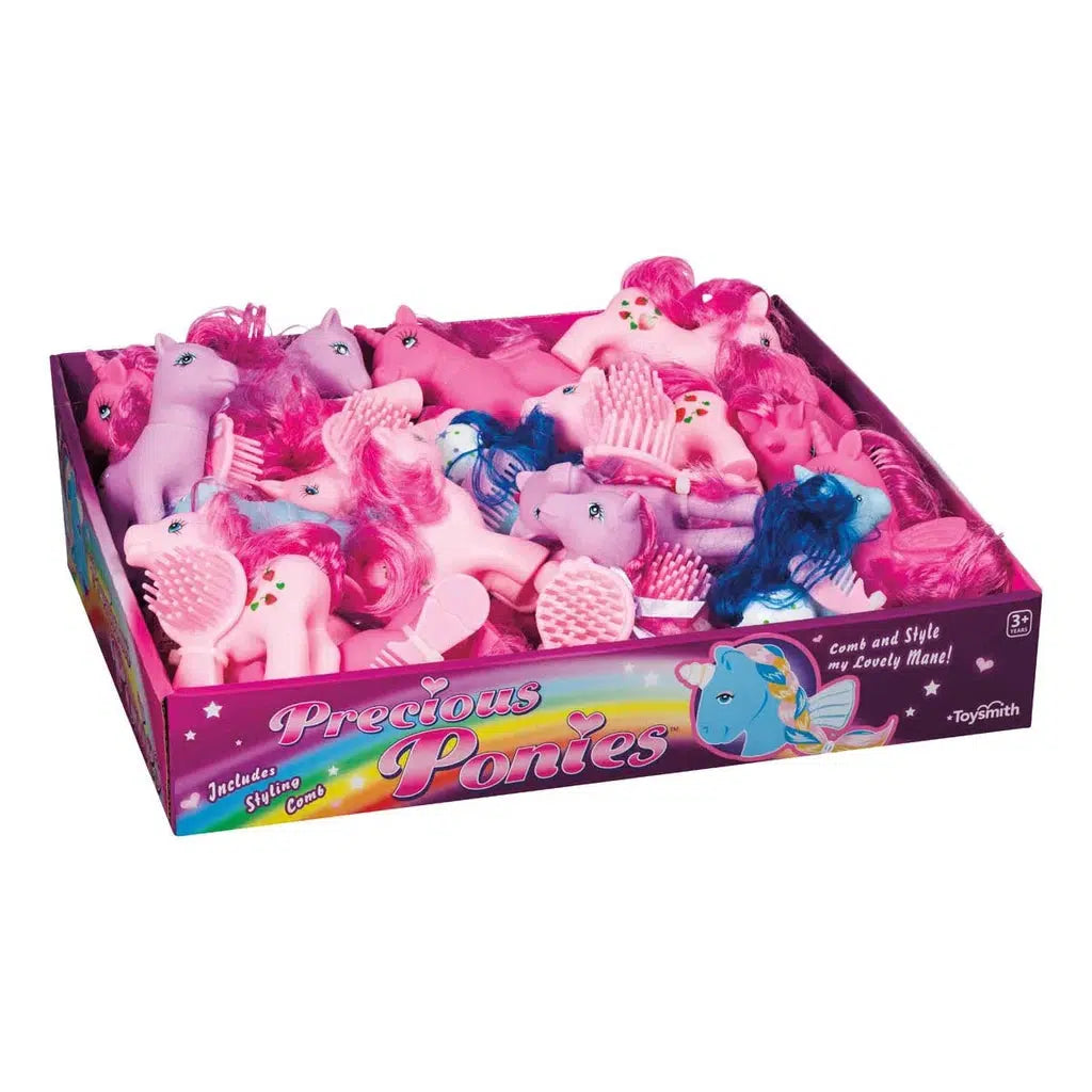 A box of pink and purple toy ponies with colorful manes and brushes, perfect for pretend-play and labeled "Precious Ponies.