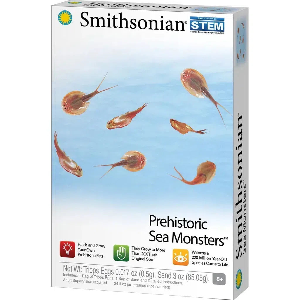 Box of Smithsonian STEM Prehistoric Sea Monsters kit, showcasing an image of live triops, your ultimate prehistoric pets, swimming against a light blue background. Includes everything you need for hatching and nurturing triops eggs into fascinating creatures.