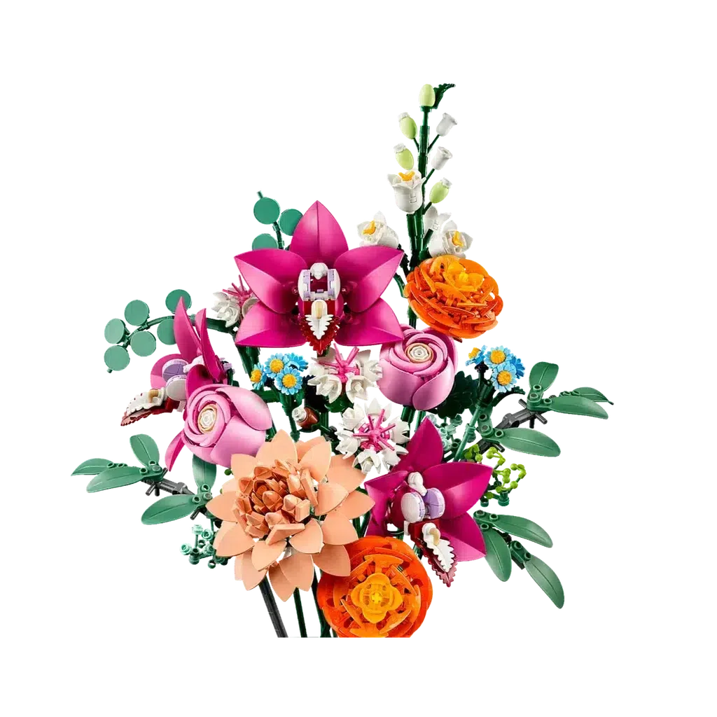 A bouquet of colorful LEGO flowers, featuring pink lilies, orange roses, and green leaves, showcases creativity against a white background.