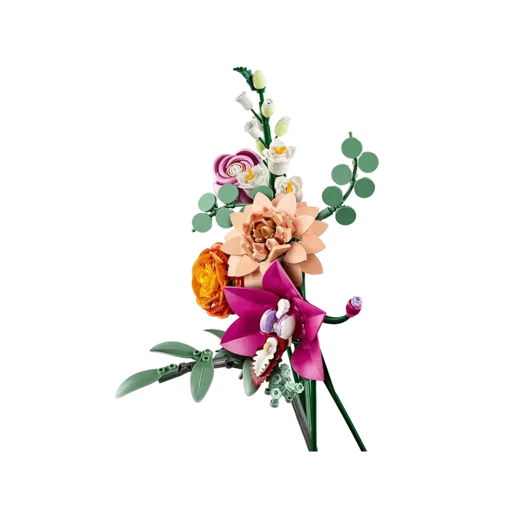 LEGO bouquet showcasing vibrant creativity with colorful flowers, neatly arranged vertically, complete with green stems and leaves for a stunning flower display.