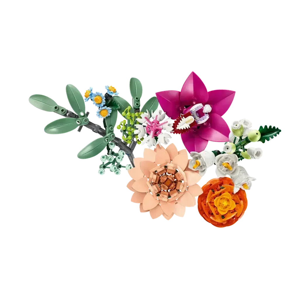 A vibrant flower display showcasing LEGO's colorful and detailed blooms in pink, peach, orange, blue, and white, all artfully arranged on a pristine white background. This creation radiates creativity and charm.