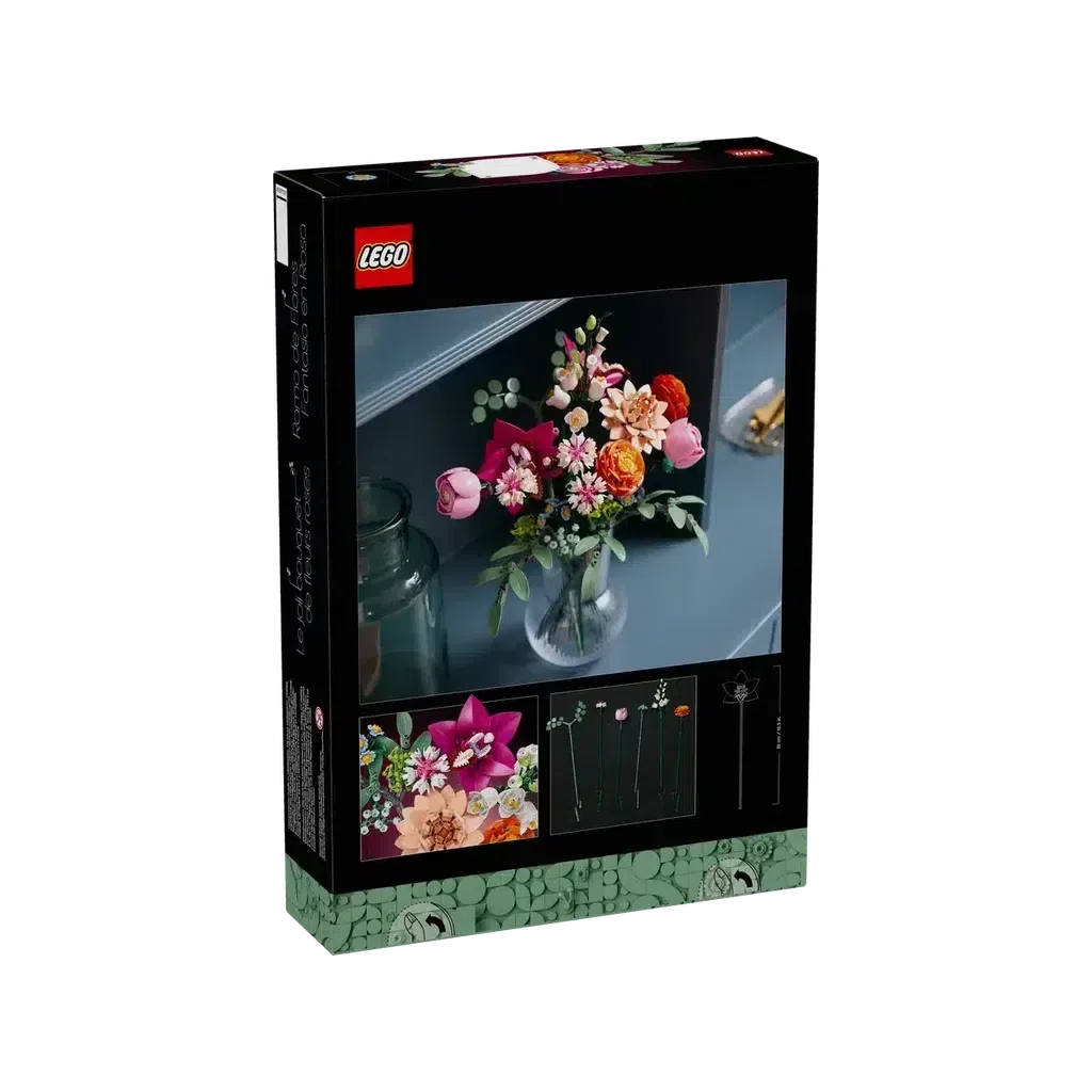 The LEGO set box showcases a colorful floral arrangement model in a vase, with images of the creatively assembled flowers on the front.