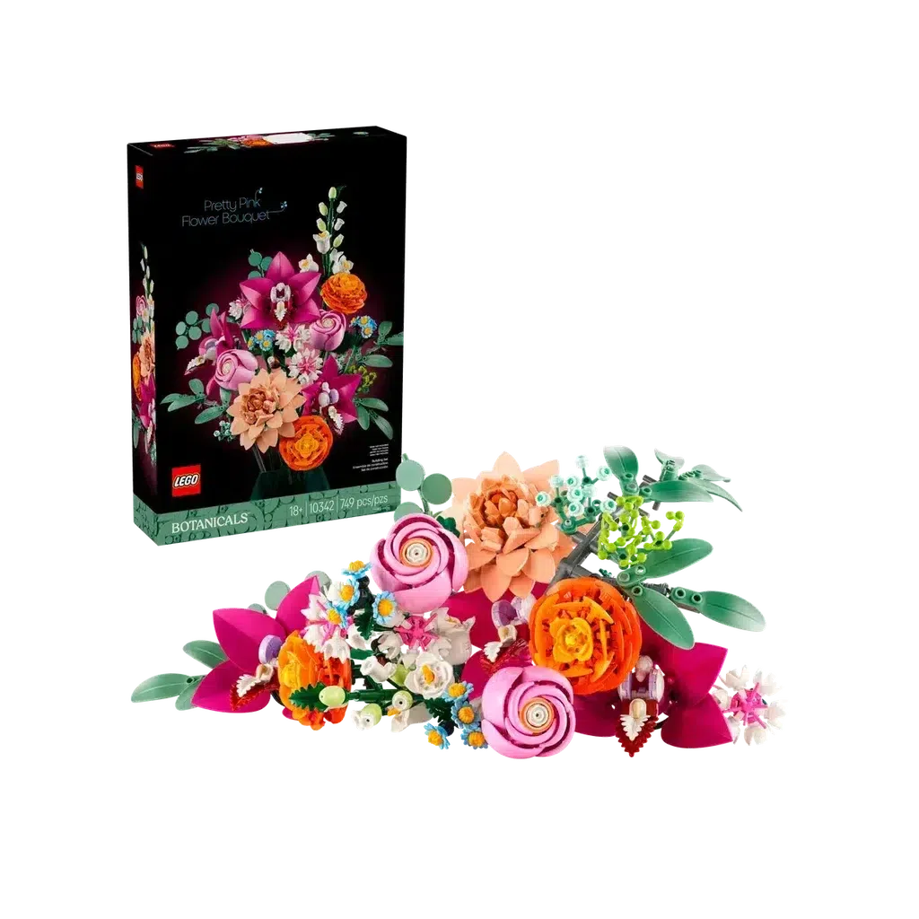 The LEGO flower display set features a colorful bouquet of various flowers, sparking creativity as they bloom in front of a box showcasing the assembled beauty.