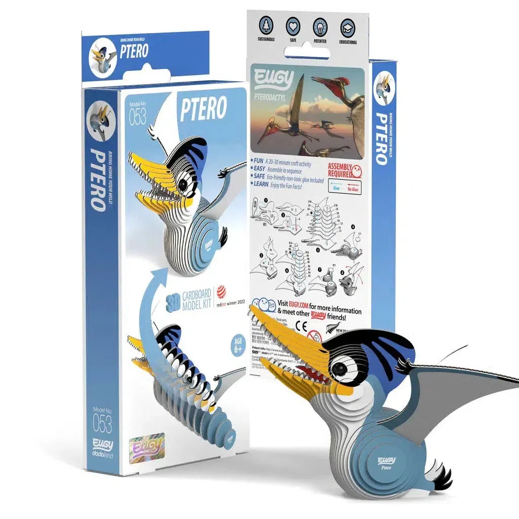 Introducing the EUGY 3D puzzle cardboard model kit of a Pterodactyl, complete with packaging. It includes detailed assembly instructions, fascinating educational facts, and innovative augmented reality features to enhance STEM concepts for curious minds.