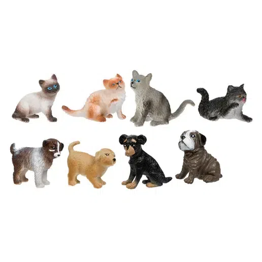 A charming box of Toysmith cat and dog figurines invites you to "Take One Home Today!" This delightful mini figure assortment offers assorted small puppy and kitty figurines, accompanied by a warning label for choking hazards for children under 3 years.