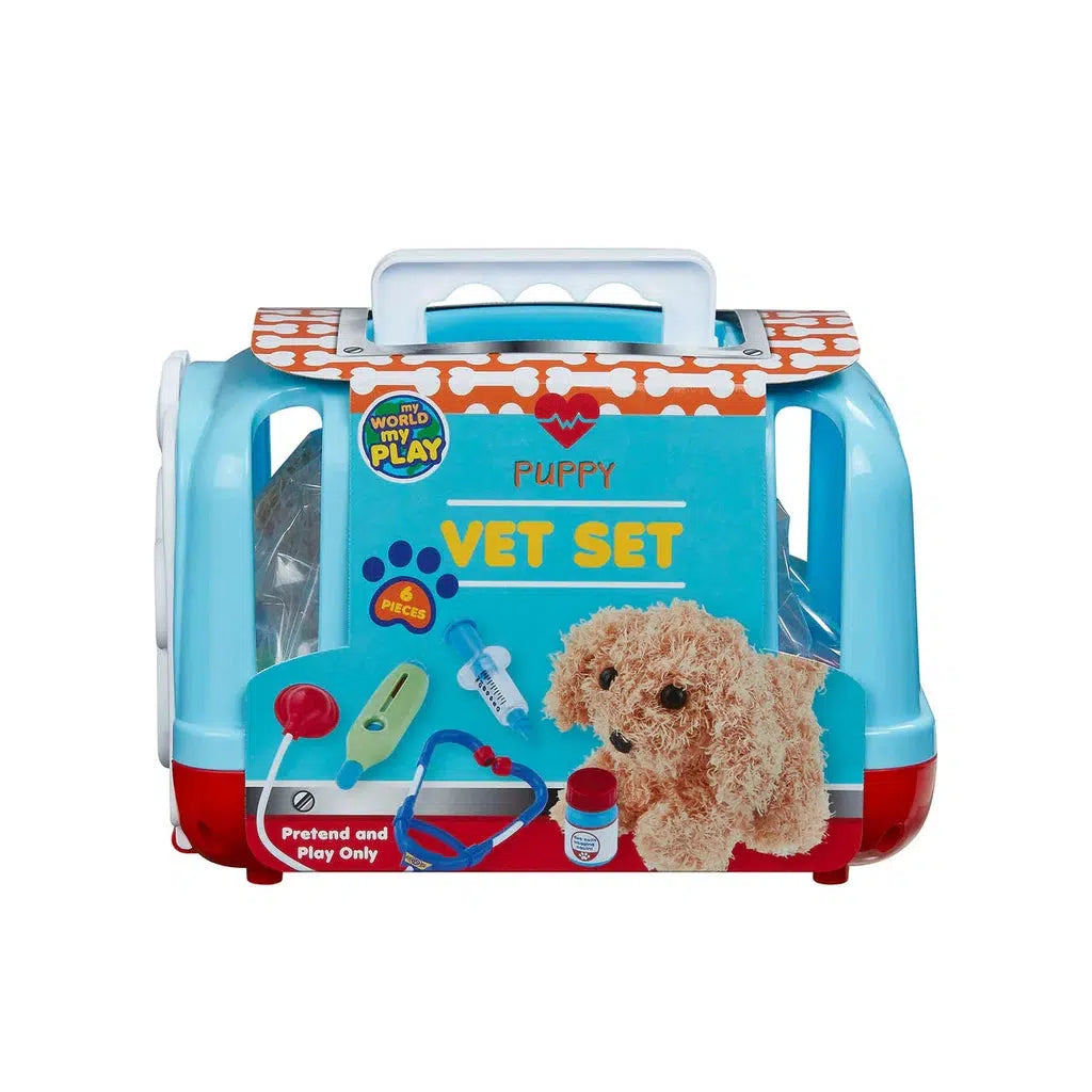 Puppy Vet Set in a blue and red plastic case features images of medical tools and a plush dog on the front, perfect for young animal lovers. This playful kit also doubles as a handy pet carrier for your stuffed companions.