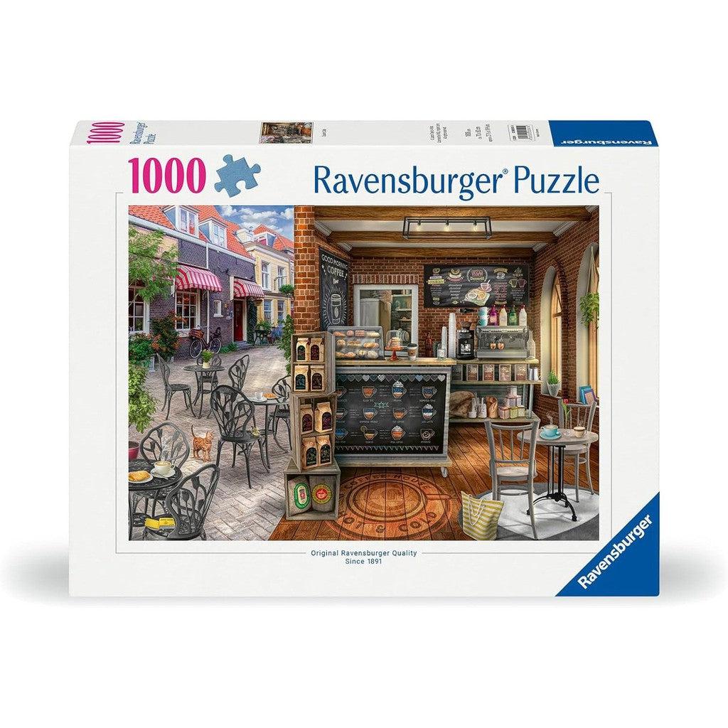 The Ravensburger Quaint Cafe 1000 Piece Jigsaw Puzzle captures a charming street cafe scene with tables and chairs outside and a cozy interior. This delightful addition to the Toys &amp; Games category offers hours of engaging fun for puzzle enthusiasts.