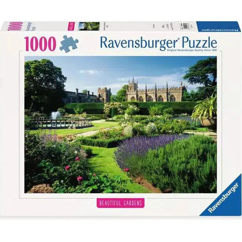 A 1000-piece Ravensburger puzzle showcasing the Queen's Garden and historic Sudeley Castle, framed by a well-manicured landscape in the background.