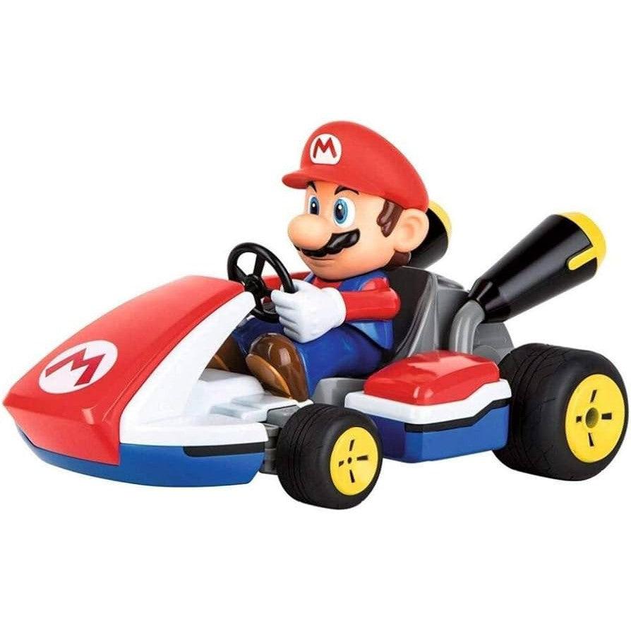 A toy figurine of Mario from Nintendo driving a small, colorful go-kart with large wheels.