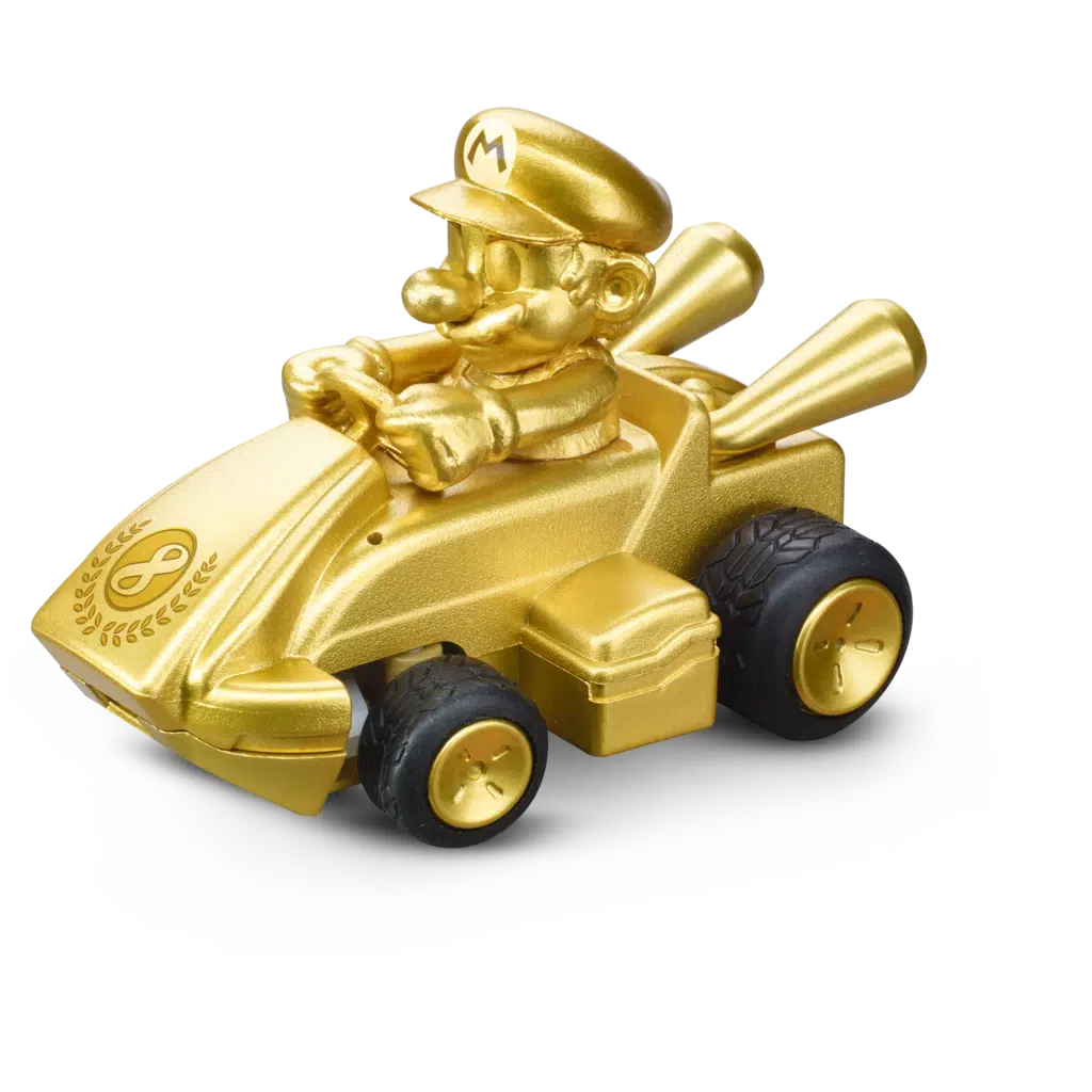 A gold miniature toy go kart with a golden Mario from Nintendo holding the steering wheel